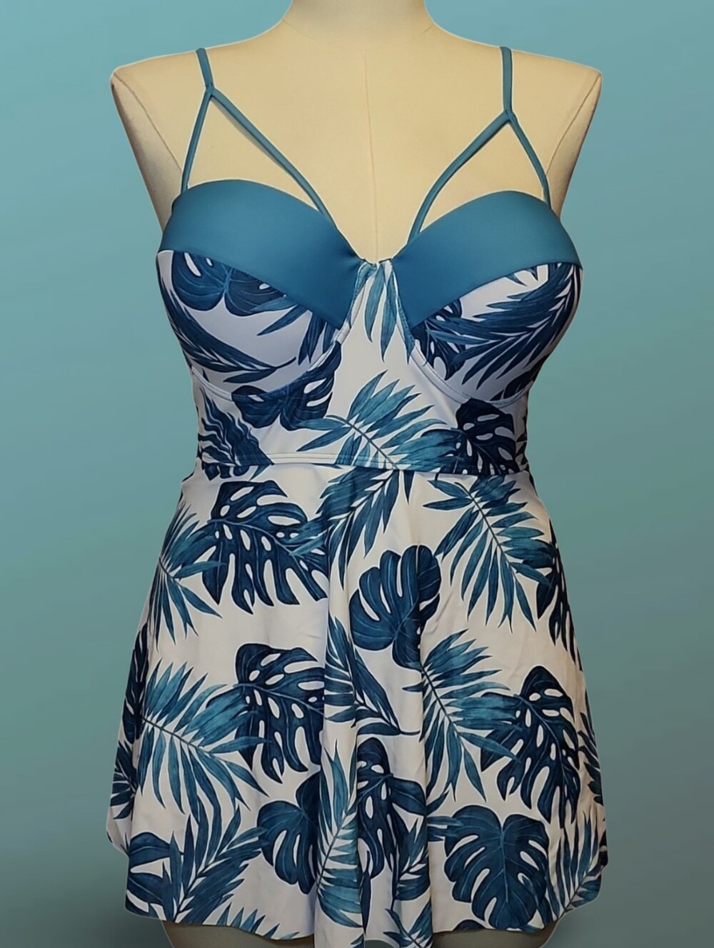 Swim dress TOP Blue Leaf Print Plus Size 4XL Padded Lined Spaghetti Strap